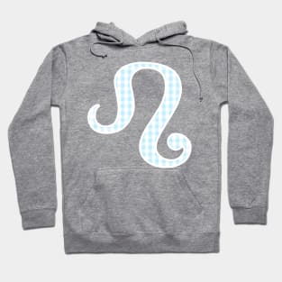 Leo Zodiac Horoscope Symbol in Pastel Blue and White Gingham Pattern Hoodie